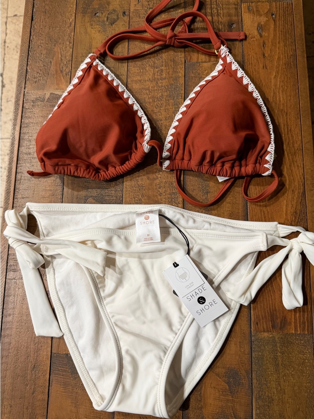 Shade & Shore Rust Triangle Bikini Top with White Tie-Side Bottoms
